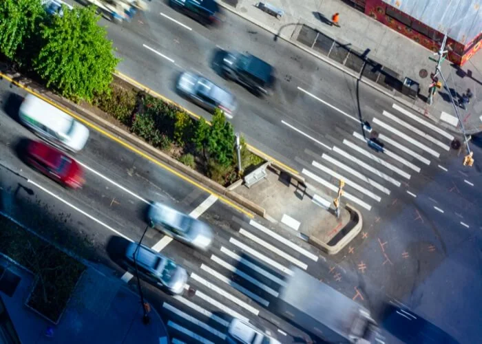 A bird's eye view of a busy intersection.