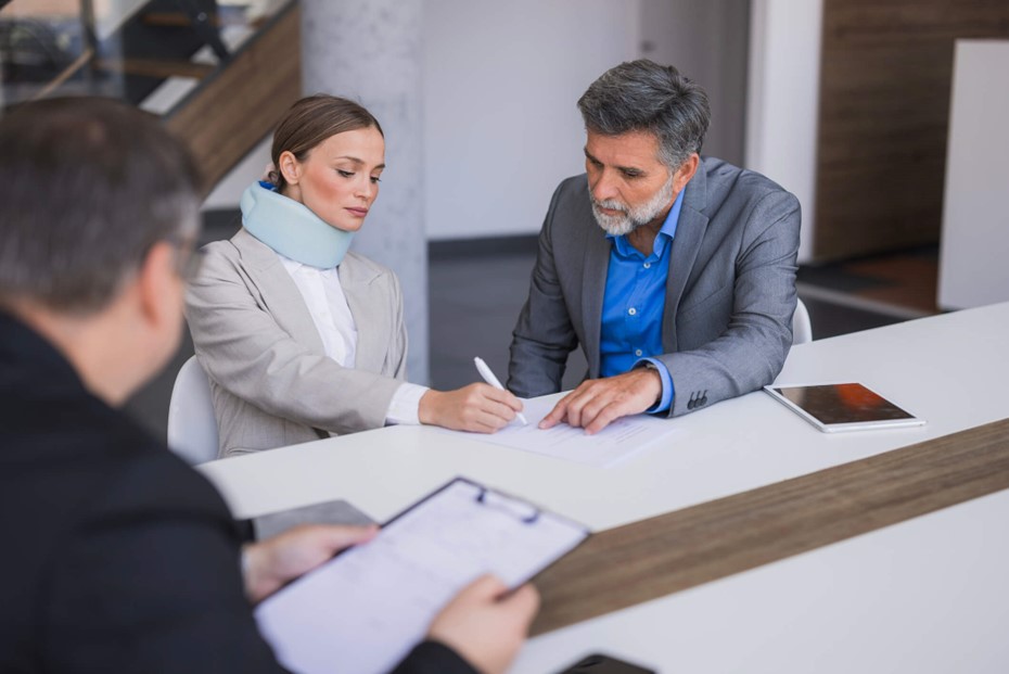 Two individuals sitting at a table reviewing and signing documents