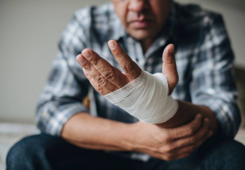 Bandaged hand after workplace injury in Houston, TX