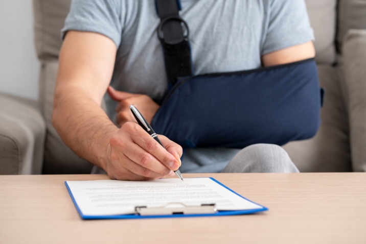 Injured person signing documents with arm in sling in Houston, TX